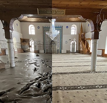 Bozkurt'ta selin vurduğu 113 yıllık cami balçıktan temizlendi